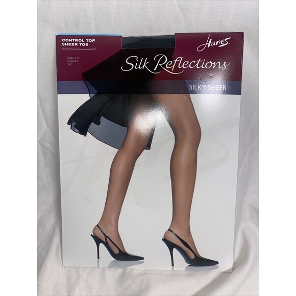 Hanes Silk 717 Reflections Pantyhose Control Top silky Sheer Toe Jet Black C-D - Picture 1 of 8